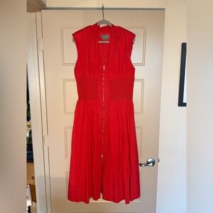 Tommie Cap-Sleeve Smocked Front-Zip Midi Shirt Dress by Anthropologie XL Red